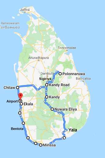 Sri Lankan Map With a route to travel on honeymoon tour