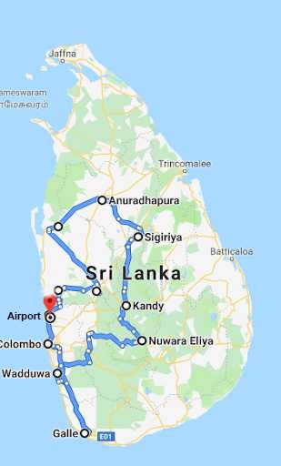 Sri Lankan Map with travel route for a luxury travel