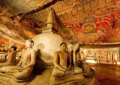 Buddha statues in a Sri Lankan Temple. A serene display of religious art and devotion.